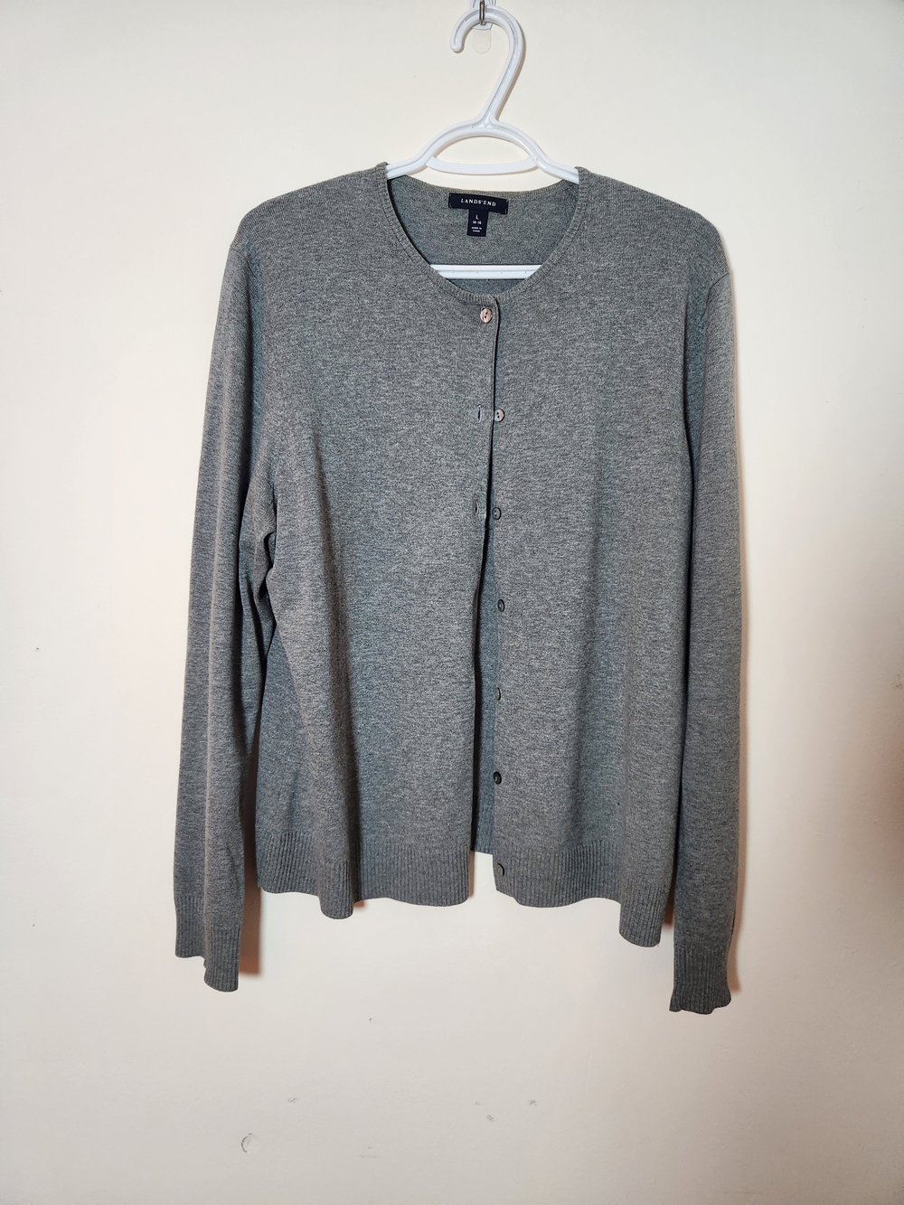 Lands’ End Gray Cotton Button Front Cardigan Size L 14–16